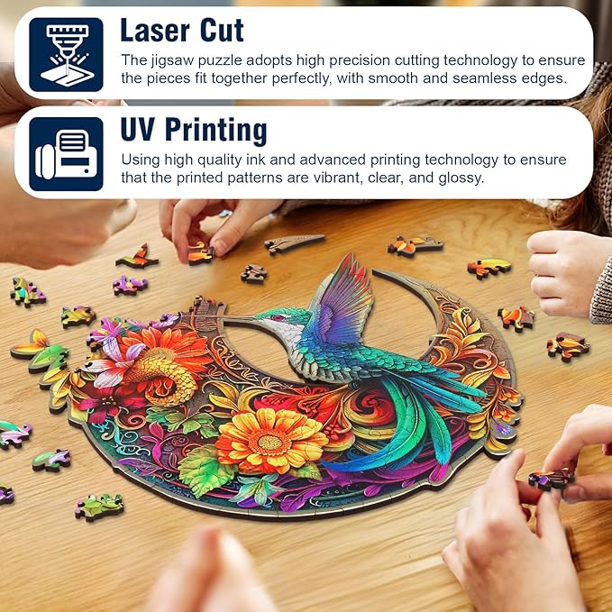 Unique Wooden Puzzles for Adults, Hummingbird Puzzle 300 Pieces 15.35" x 15.15", Animal Shaped Wood Puzzles Adult Brain Teasers, Wooden Jigsaw Puzzles, Family Games for Kids and Adults