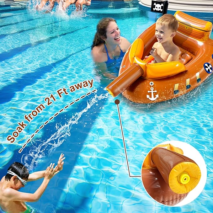 Pirate Ship Pool Floats Toys for Kids 3-11 Years with Water Squirt Guns, Inflatable Ride-On Swimming Pool Toys Floaties for Kids Boys Girls, Toddler Battle Pool Float Outdoor Summer Water Party Game