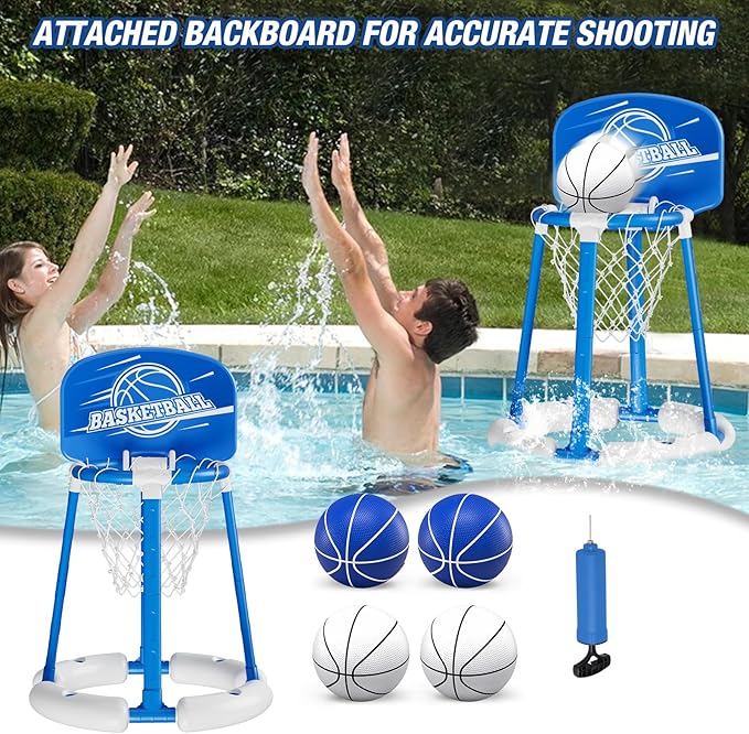Pool Basketball Hoop Poolside with Backboard, Floating Pool Toys with 4 Basketballs/4 Water Balloons/Pump, Swimming Pool Games for Kids & Adults Indoor Outdoor Play, Blue