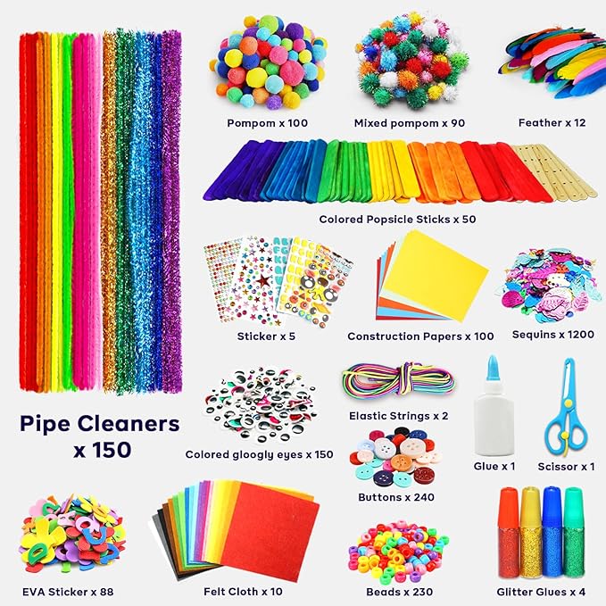 FUNZBO Arts and Crafts Supplies for Kids - Crafts Kits with Pipe Cleaners, Construction Paper, Pom poms, Googly Eyes, Crafts for Kids Ages 4-8, School Craft Projects,4 6 8 Birathday Gifts for Girls