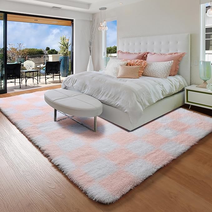KICMOR 5x8 Area Rugs for Living Room, Light Pink and White Fluffy Shag Large Fuzzy Plush Soft Bedroom Carpets, Indoor Floor Shaggy Checkered Rug for Kids Baby Girls Room Playroom Nursery Home Decor