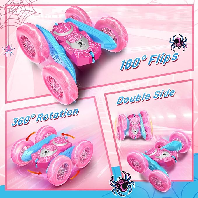 NQD Pink Remote Control Car for Girls, 360° Spin Flip RC Stunt Car with Flashing Wheel Lights 2 Batteries, Double Sided 4WD Off-Road RC Toy Gift for Girls Xmas Birthday