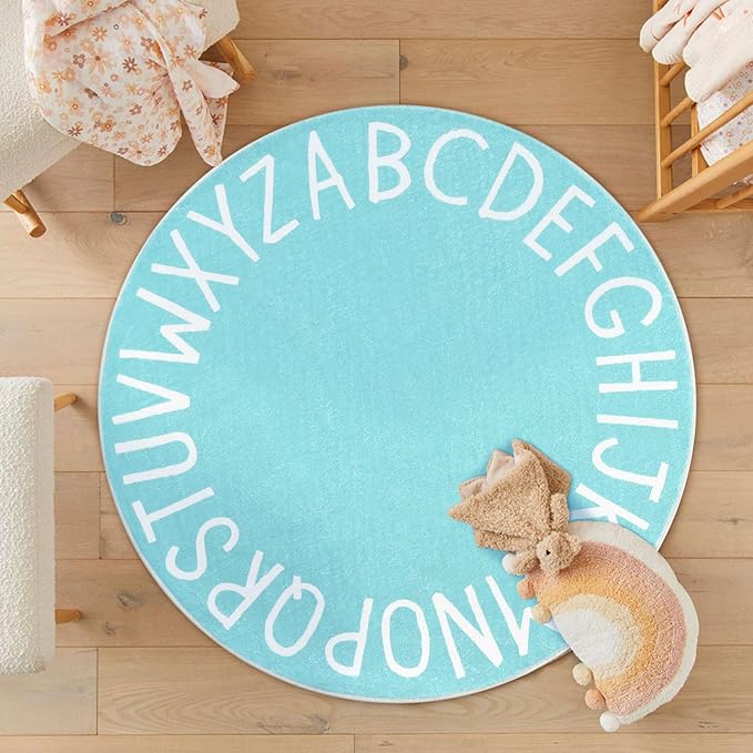 Topotdor Round Kids Play Rug Alphabet Nursery Area Rug Extra Large Soft Crawling Play Mat for Children Toddlers Bedroom (47 inch, Teal)