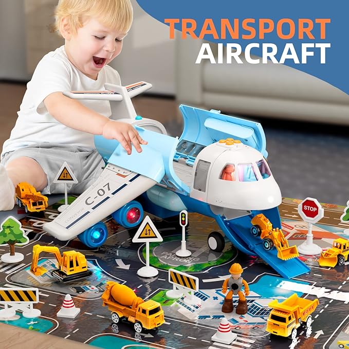 Transport Cargo Airplane, Large Theme Airplane Toy Set, Educational Toy Vehicle Play Set with Smoke Sound and Light, Fricton Powered Plane with Mini Cars and Men, Birthday Gift for Boys and Girls