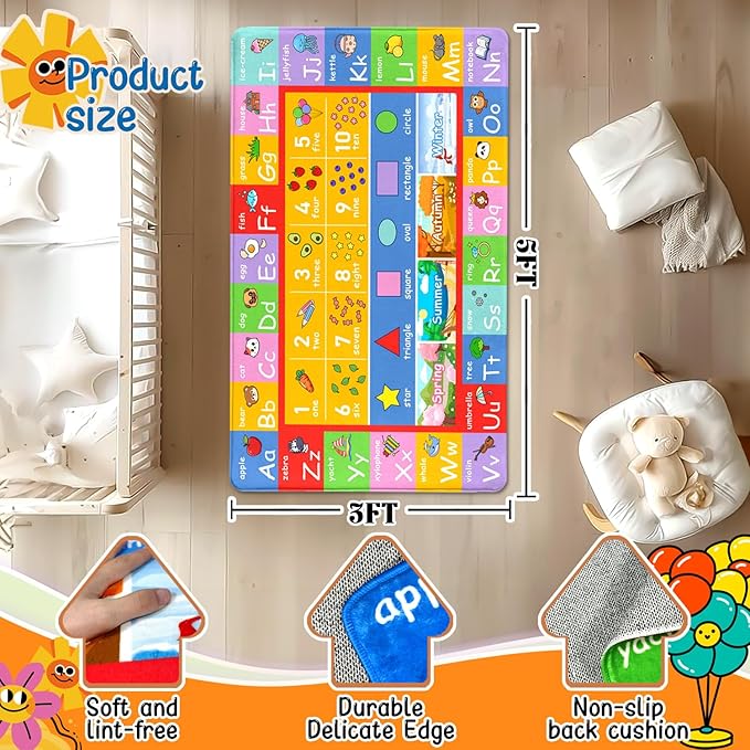 3x5 Alphabet Kids Play Rug for Playroom, Summer Non Slip Educational Rugs Learning Numbers Mat for Boys Girls, Preschool ABC Baby Floor Mats for Classroom Kids Room Toddlers Nursery Carpets
