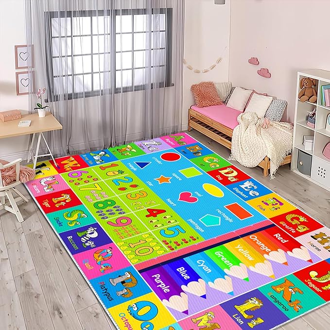 Kids Alphabet Play Game Rug - 6'x9' ABC Numbers and Shapes Educational Learning Toddler Carpet - Kids Room Playroom Classroom Kindergarten Activity Fun Soft Non-Slip Mat