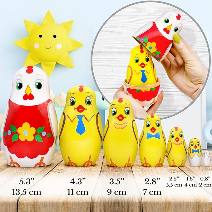 AEVVV Chicken Nesting Dolls Set of 7 Pcs - Matryoshka Russian Doll - Chicken Decor - Easter Nesting Dolls