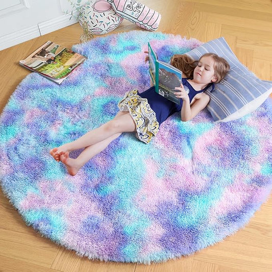 Amdrebio Purple Rainbow Round Rug 6Ft for Bedroom Girls Room Decor, Mermaid Stitch Frozen Kids Rugs for Playroom Nursery Classroom, Fluffy Fuzzy Cute Shag Carpet, Plush Circle Area Rugs for Princess