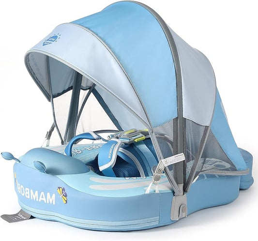 Mambobaby Float Add Tail Baby Swim Float with Canopy Solid Pool Infant Swim Trainer Swimming Training Lying Air Free Water Floats Non-Inflatable Waist Swim Ring for Toddlers (Butterfly - Blue)