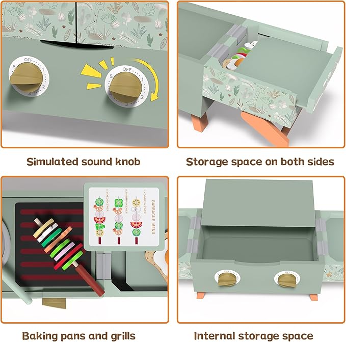 Wooden Kids Grill Playset, Barbecue Kitchen Toy Set for Kid Cooking, BBQ Grill Play Set with Sound Simulation Outdoor Camping Cooking Toys Birthday Gift for Boys Girls