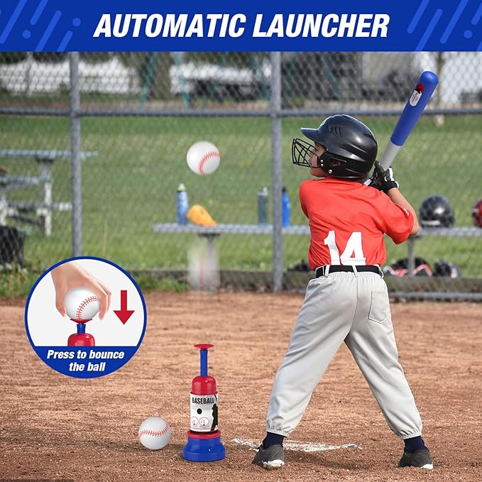 3-in-1 Baseball Set for Kids 3-5 - Tee Ball Stand, Hanging Tee, Ball Launcher and 6 Softballs - Adjustable Height, Indoor/Outdoor Sport Gifts for Boys, Blue