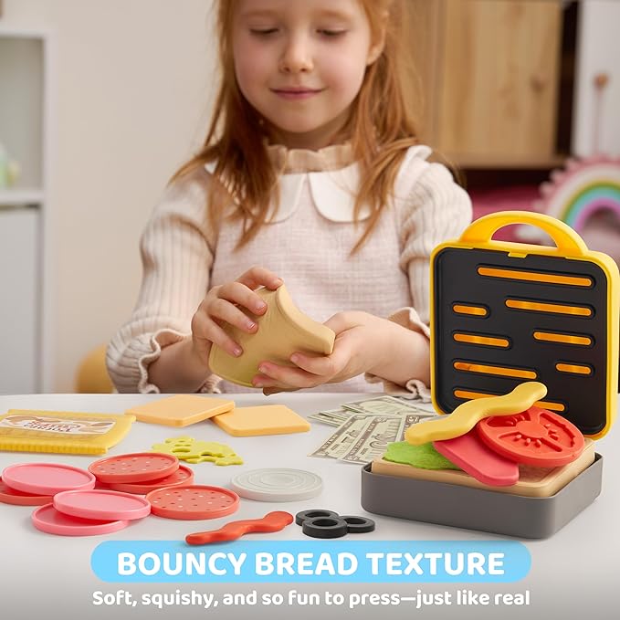 Pretend and Play Food Toy for Kids Toddlers, Play Kitchen Accessories Include Sandwich Maker Toy with Slicer for Ham, Menu and Ingredients, Play Restaurant Food Toy for Girls Birthday Gift