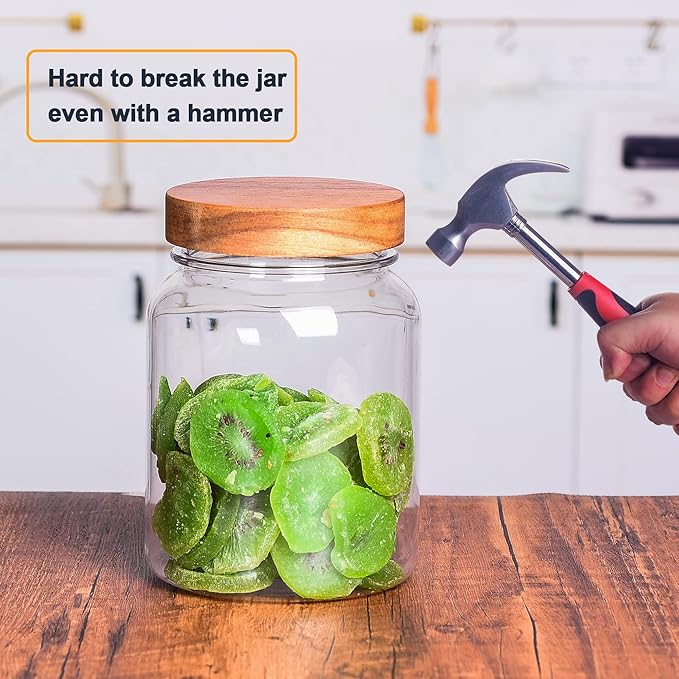 42 Fluid Ounces Unbreakable & Dishwasher Safe Plastic Apothecary Jar with Wooden Airtight Screw Top Lid, Food Storage Canister for Sugar, Tea, Spices, Coffee, Cookie, Candy Containers