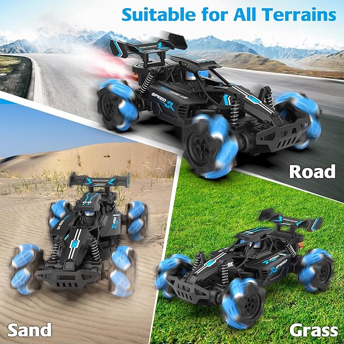 Eulogia Remote Control Car, 2.4GHz All-Terrain RC Stunt Truck with 360° Rotation, Sideway Drifting, One-Key Demo, Spray with Light. Best Car Toy for Boys Girls Kids Ages 4-12, Birthday Gift(Blue)