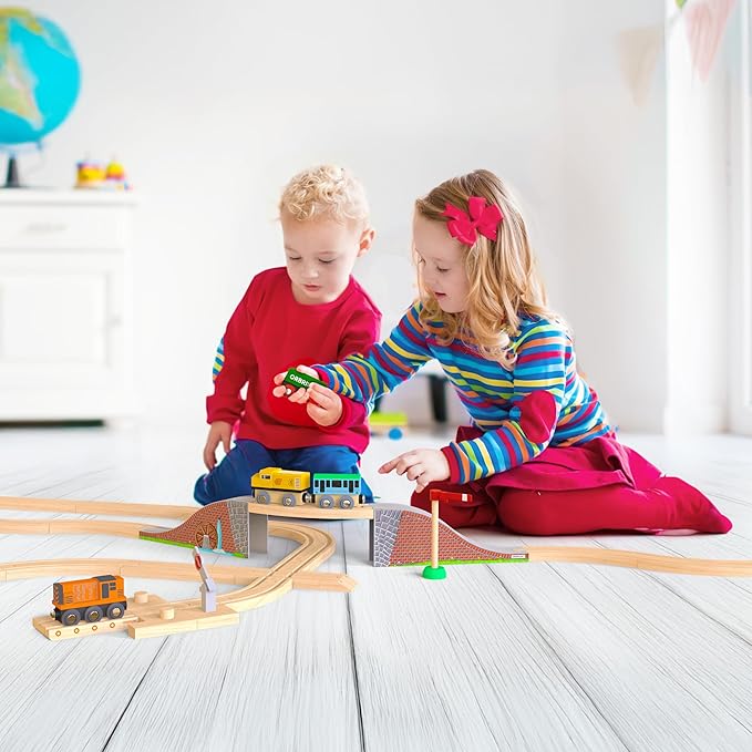 Toys 68 Pcs Wooden Train Track Expansion Pack Compatible with Thomas Wooden Train, Brio, Thomas The Tank Engine (68 Pcs)