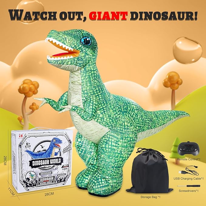 Dinosaur Inflatable Remote Control Toy for Kids, Electric Dinosaur Toy with 360°Rotation, Rechargeable T-Rex RC Walking Car for Boys & Girls, Christmas Birthday Gifts for Kids Age 6-12