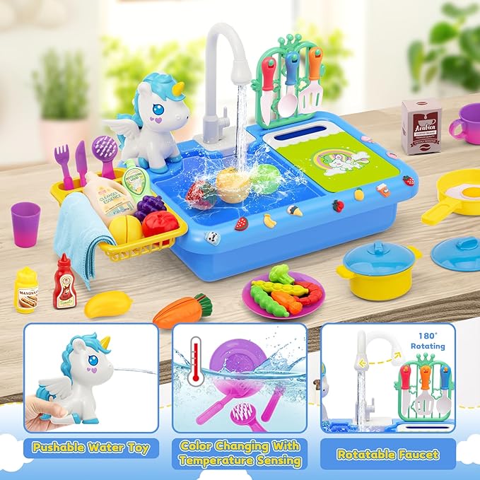 deAO Play Sink with Running Water,Color Changing Children Electric Dishwasher Upgraded Real Faucet and Play Dishes,Pretend Role Play Toys for Kids