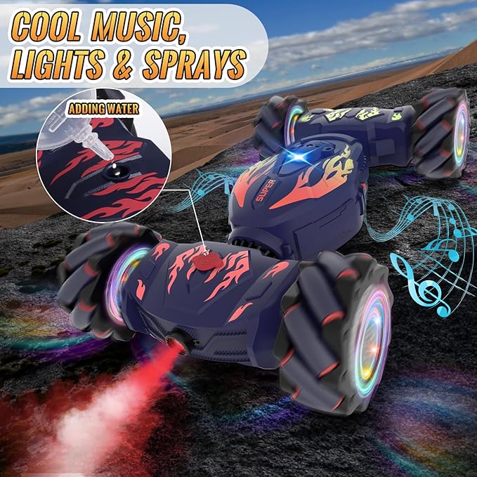 Pristar RC Cars, Gesture Sensing RC Stunt Car Toys for Boys Girls 6-12, 2.4Ghz 4WD Remote Stunt Car with Spray Lights Music 360° Rotate Fast Off-Road Transform, Birthday Xmas Gifts for Kids Age 6-12
