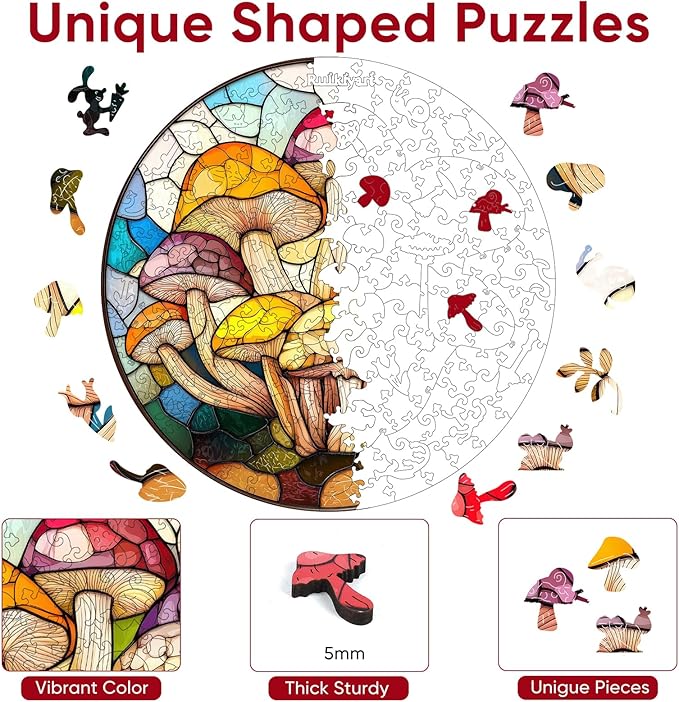 Colorful Mushroom 200 Pieces Wooden Jigsaw Puzzles for Adults with Unique Irregular Shape Family Puzzles for Kids and Adults on Birthday,Father's Day,Christmas 11.2"x11.2"