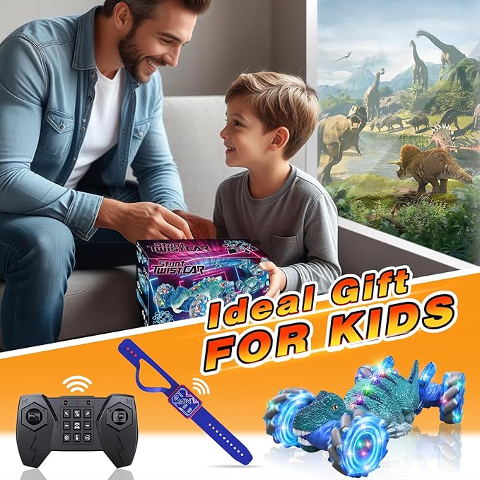 Remote Control Car,Dinosaur Toys car for Kids,2.4GHz LED Gesture Sensing RC Car,4WD Rotation RC Stunt Car with Lights and Music,Dino Toys for Kids Ages 3 4 5 6 7 Gifts for Boys Girls(Blue)