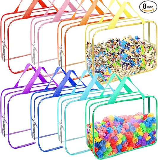 8 Packs 8 Colors Large Toy Storage Bags, Reusable Clear PVC Board Game Storage, Toy Organizers and Storage Bags with Zipper for Building Blocks, Puzzle and Handmade Accessories, Clear Toiletry Bag