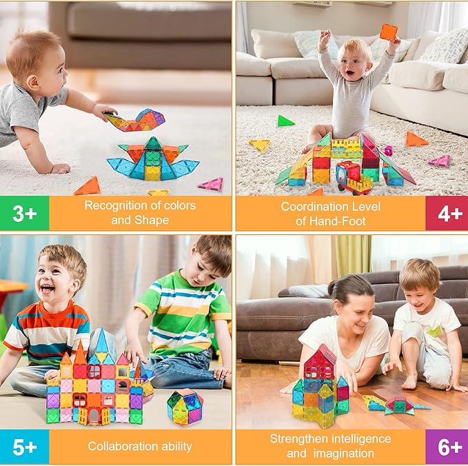 LATI 130 pcs Magnetic Tiles, Magnet Building Blocks for Kids STEM Construction Set Clear Imagination Inspirational Educational Toddler Boys Girls Kids Toys for 3 4 5 6 7 8 Years with 2 Cars