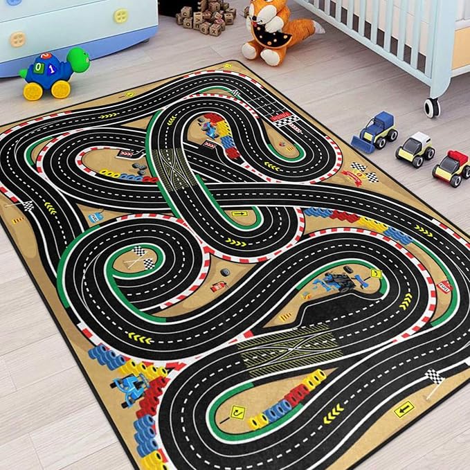Racing Games Rug, 5x7 Ft Kids Carpet with Rubber Backing, 3D Cross Country Road Race Track Playmat Rugs Racing Karting Start and Finish line Play Mat Nursery Rugs for Children Room, Playroom