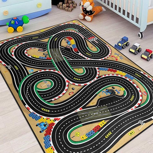 Racing Games Rug, 5x7 Ft Kids Carpet with Rubber Backing, 3D Cross Country Road Race Track Playmat Rugs Racing Karting Start and Finish line Play Mat Nursery Rugs for Children Room, Playroom