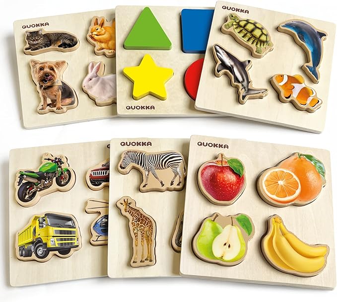 QUOKKA Wooden Puzzles for Toddlers 1-3 - 6 Toddler Peg Puzzles Ages 2-4 - Montessori Toy for Kids Ages 3-5 with Animal, Fruits, Geometric Shapes - Educational Preschool Game Gift for Childrens