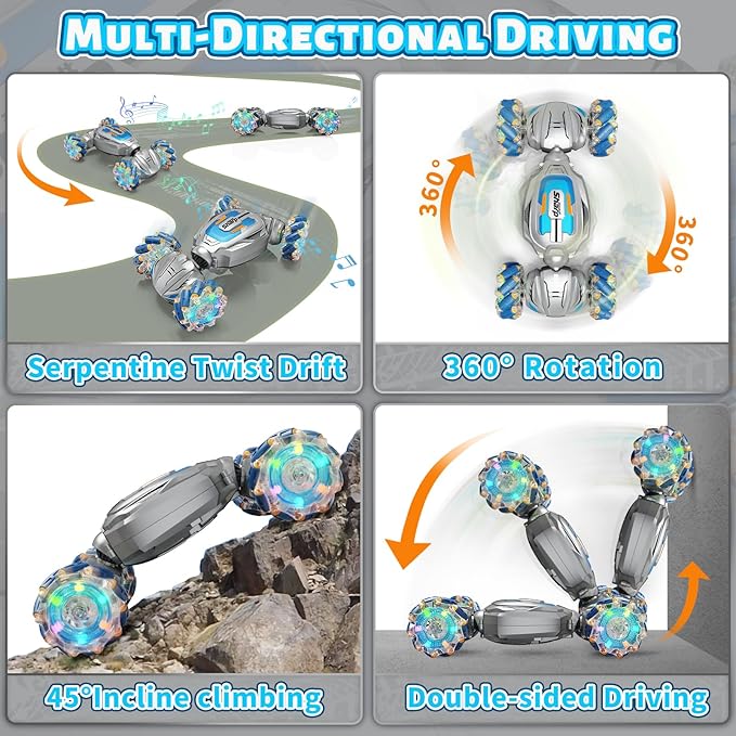 Gesture Sensing RC Stunt Car, Remote Control Car Birthday gifts for kids Age 6-12, 2.4Ghz Hand Controlled Twist Cars, 360° Rotating Transform Off Road Car Toy for Boys Girls Age 6 7 8 9 10 11+ (Gray)