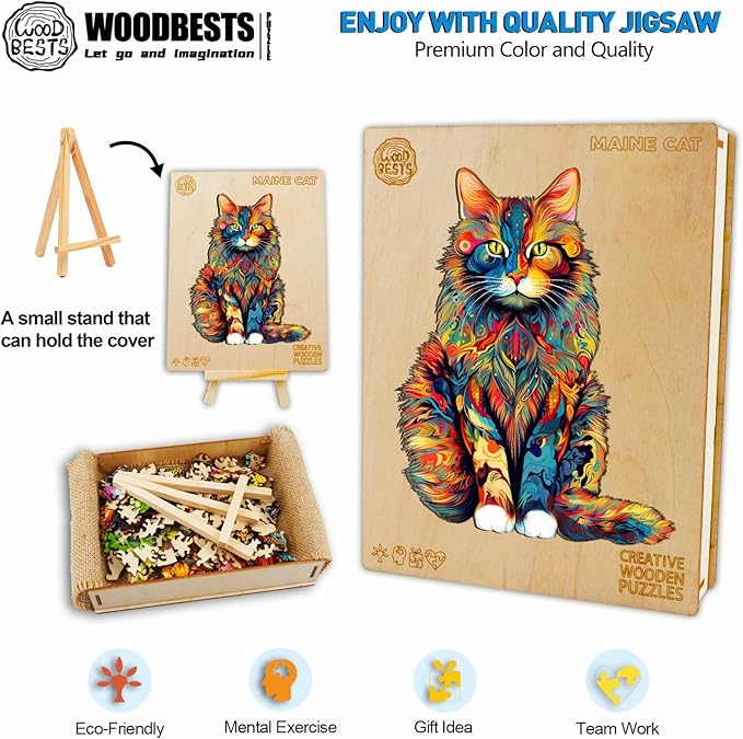 WOODBESTS Wooden Puzzle for Adults, Maine Cat Puzzle (L, 300pcs, 16.5"x13.2") Beautiful Wooden Box, Wooden Jigsaw Puzzles Unique Shape, Birthday Gifts for Adults and Kids Family Game