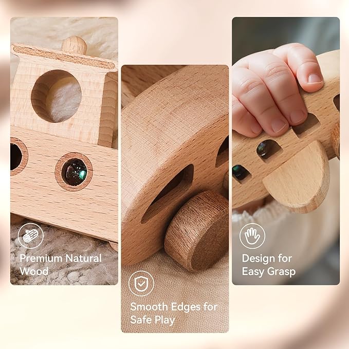 WOODEN TEETHER 3pcs Wooden Cars for Toddlers 1-3 Years Car Toys for Babies Wooden Baby Toys Include Car Boat Airplane，Ideal Gift for Girls and Boys