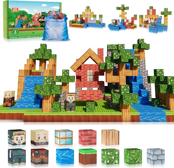 Magnetic Blocks-68pcs Mine Magnet 3D Craft World Set,Magnetic Blocks Le Building go Toys for Kids,STEM Sensory Toys for Toddlers Birthday Gifts,Constructions Toys for Boys & Girls Age 3+
