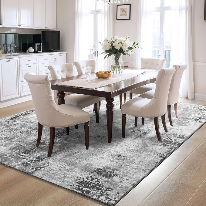 Area Rug 4x6 Grey Rug Washable Boho Rugs Non Slip Low Pile Abstract Small Carpet for Entryway, Bedroom, Kitchen, Classroom, Kids Room, Office, Dorm, Dining Room Gray