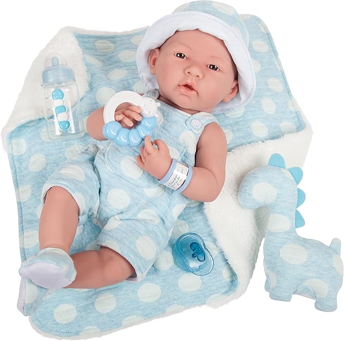 JC Toys La Newborn All-Vinyl-Anatomically Correct Real Boy 15" Baby Doll in Blue and Deluxe Accessories, Designed by Berenguer., Blue - Dots, Model:18064