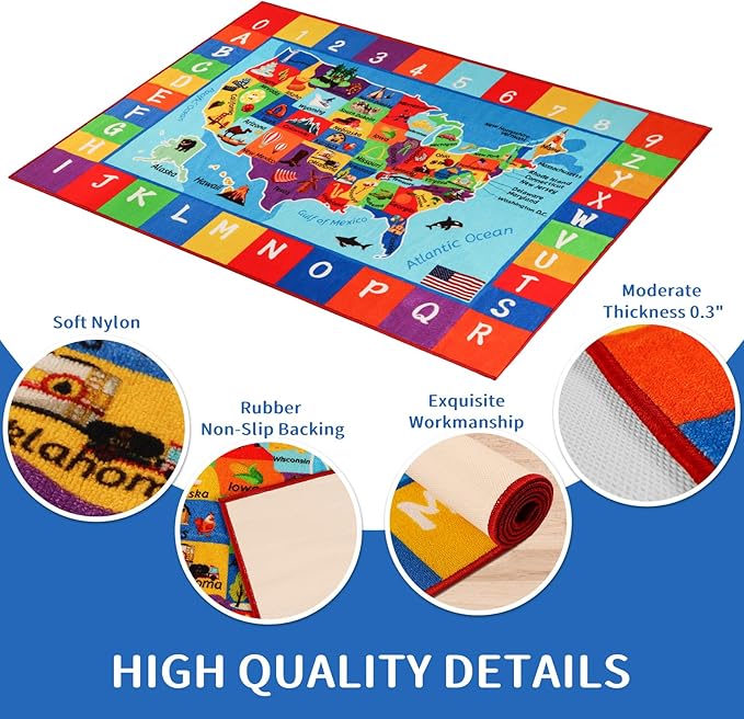 Classroom Carpets Kid Rug,13.3'×7.7' USA Map Classroom Rug for Kindergarten Primary School, Preschool Mat for Classroom Learning Area Nylon Non-Slip Latex Backing 157"×91"
