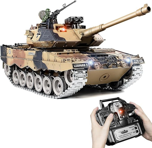 1:18 RC Tank, 2.4Ghz Metal German Leopard II Remote Control Model Toy That Shoots BBS and Water Bombs, RC Military Vehicle for Adults and Kids, Army Toy Tank with Smoke, Sound, Recoil, Lights