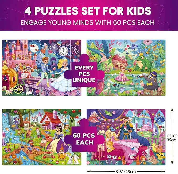 QUOKKA Puzzles for Kids Ages 4-6 – 4-Pack 60-Piece Puzzles for Kids – Fairy Tale Jigsaw Puzzle Set – Toddler Puzzles Ages 4-6 – Educational Learning Toys – FSC Certified – Gift for 5 Year Olds