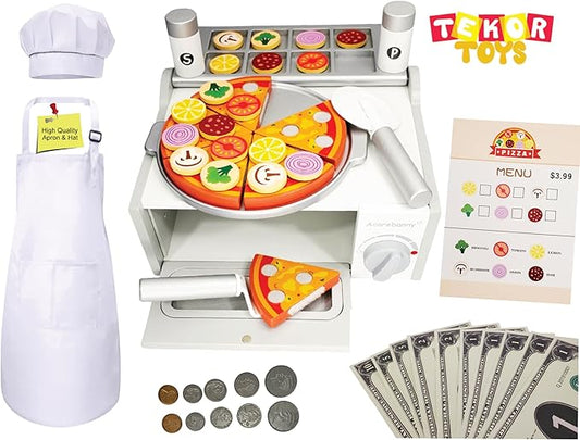 TEKOR Toys Toy Pizza Oven Set | Pizza Oven | Pizza Cutter | Server | 6 Slices | 18 toppings | Salt & Pepper Shaker | Menu | Money | Children Kids Apron & Chef Hat| Using Imagination and Endless Fun