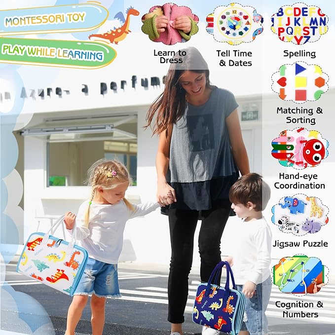 Esjay Toddler Busy Board Montessori Toys, Sensory Board Educational Activities for Learning Fine Motor Skills, Gifts for Girls Boys Toddlers, Travel Toys for Airplane Car,White Dinosaur