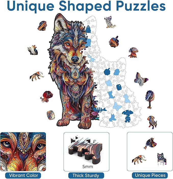 Wolf Family 200 Pieces Wooden Jigsaw Puzzles for Adults with Unique Irregular Shape Fun Challenging Animal Puzzles for Kids and Couples on Birthday,Children’s Day,Christmas 9.4"*13"