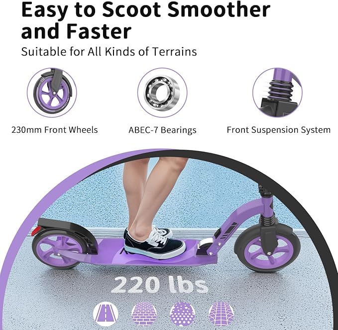 BELEEV V8 Scooters for Kids Ages 6+ with Light-Up Deck, 2 Wheel Folding Scooter for Adults Teens, 4 Adjustable Height, Lightweight Sport Commuter Scooter, Sturdy Frame, Max Load 220 lbs
