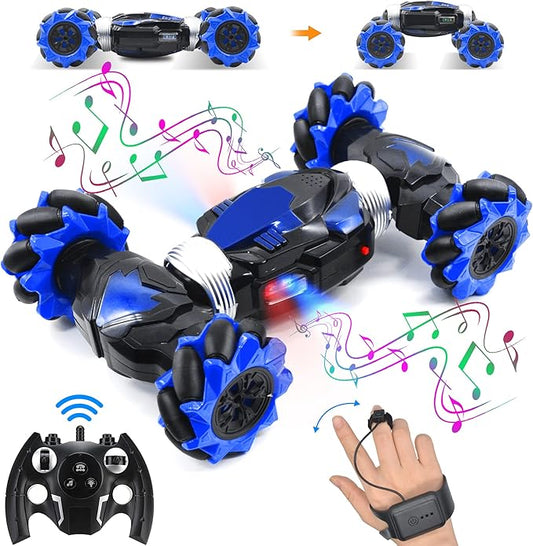 Gesture Sensing RC Stunt Car with Lights Music Hand Controlled Remote Control Car 4WD 2.4GHz Off-Road 360° Double Sided Rotation Stunt Car Birthday Gift Idea for Boys Girls (Blule)