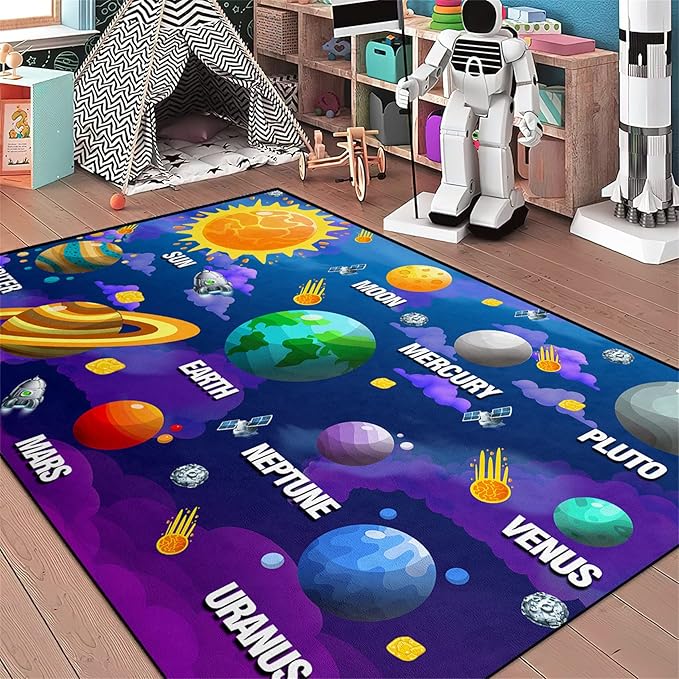 Universe Planet Area Rugs Outer Space Rugs for Boys Bedroom Educational Sofa Floor Mat Galaxy Solar System Theme Throw Rugs for Indoor Outdoor Carpets Crystal Polyester Mats Oversized, 4'5''×6'