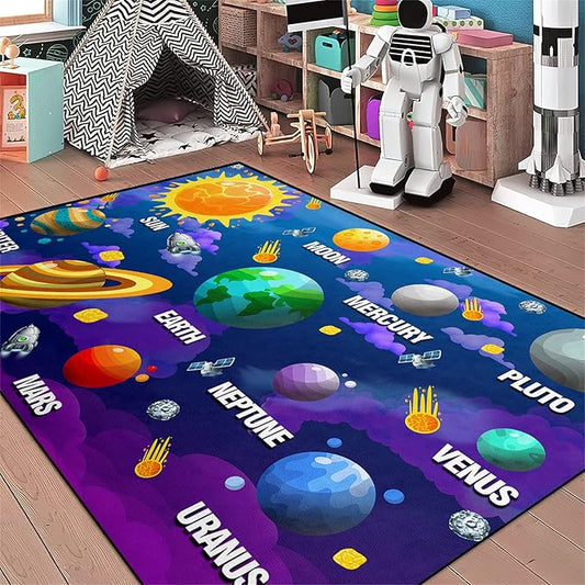 Black Space Rugs Educational Learning Large Size Solar System Carpet Rugs for Bedroom Boys Space Area Rug Living Bedroom Dining Room Decor Crystal Polyester Area Rug Door Mats, 3'×4'