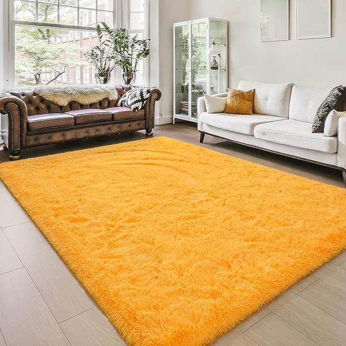 Amearea Shag Fluffy Area Rug for Bedroom Girls Living Room, Extra Soft and Fuzzy Shaggy Rugs, Non Slip, Solid Color Carpet Mat for Boys Nursery Home, Orange 6x9 Feet