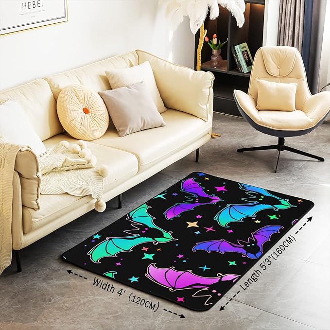 Erosebridal Halloween Bat Rug, Glitter Stars Galaxy Area Rug 4x5 for Kids Child, Halloween Decorations Carpet for Bedside, Halloween Teal Blue Green Purple Non Shedding Decorative Rug