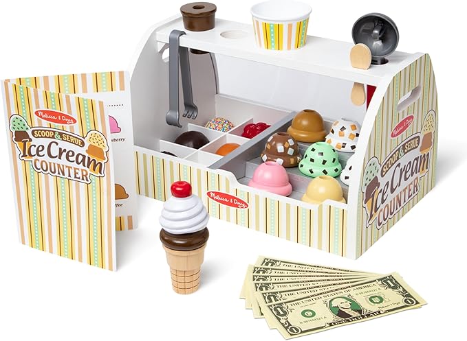 Melissa & Doug Wooden Scoop and Serve Ice Cream Counter With Play Food and Accessories (28 Pcs) Pretend Food, Ice Cream Toys, For Kids Ages 3+