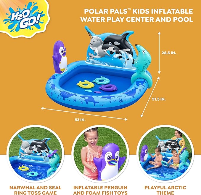 Bestway H2OGO! Polar Pals Kids Inflatable Water Play Center (53" x 51.5" x 28.5") | Outdoor Summer Pool Toy for Children Ages +2