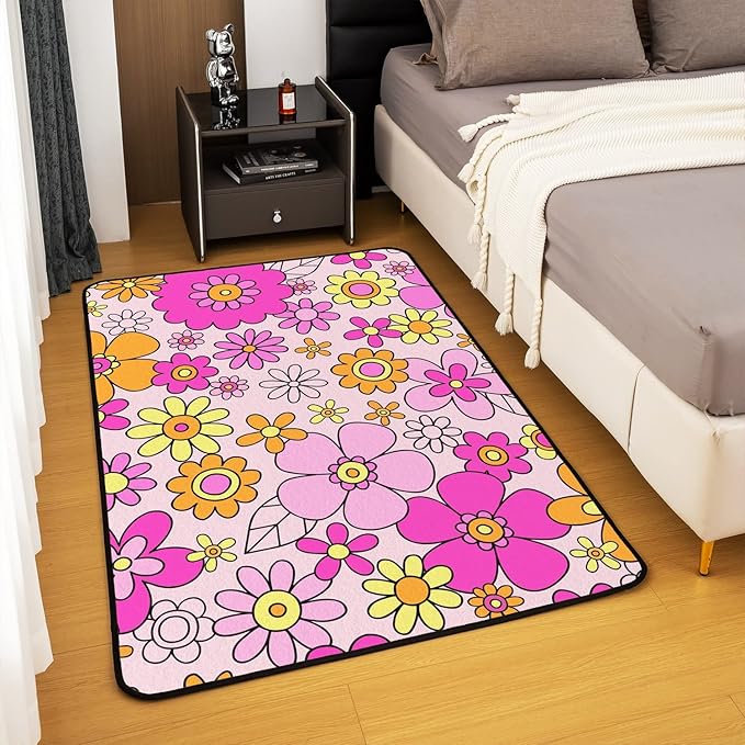 Erosebridal Girls Pink Flowers Area Rug 5'x6'6'',Psychedelic Groovy Floral Power Rug Aesthetic,Hippie Vintage 60S 70S Style Carpet Funky Hand Drawn Non Slip Living Room Rugs